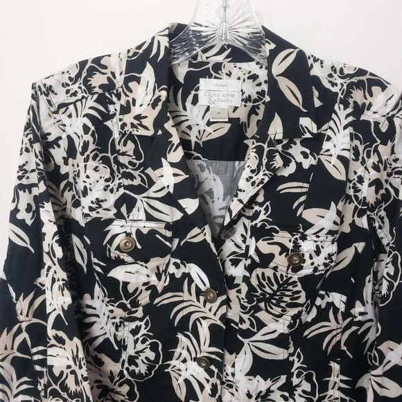 Christopher & Banks Women's Black Button Down White Tan Floral Jacket Coat - Picture 2 of 10